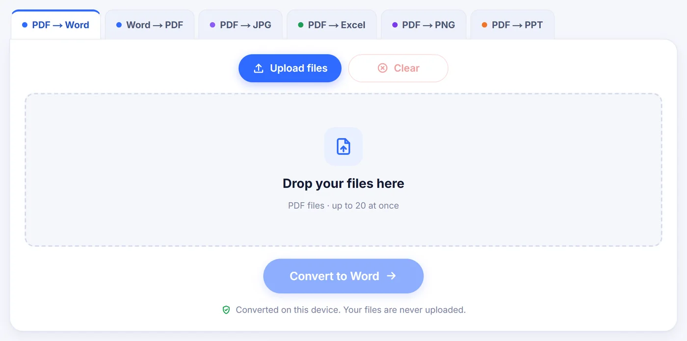 Scheda PDF → Word vuota con i pulsanti Carica file e Svuota, un'area di trascinamento per un massimo di 20 PDF e il pulsante Converti in Word disattivato