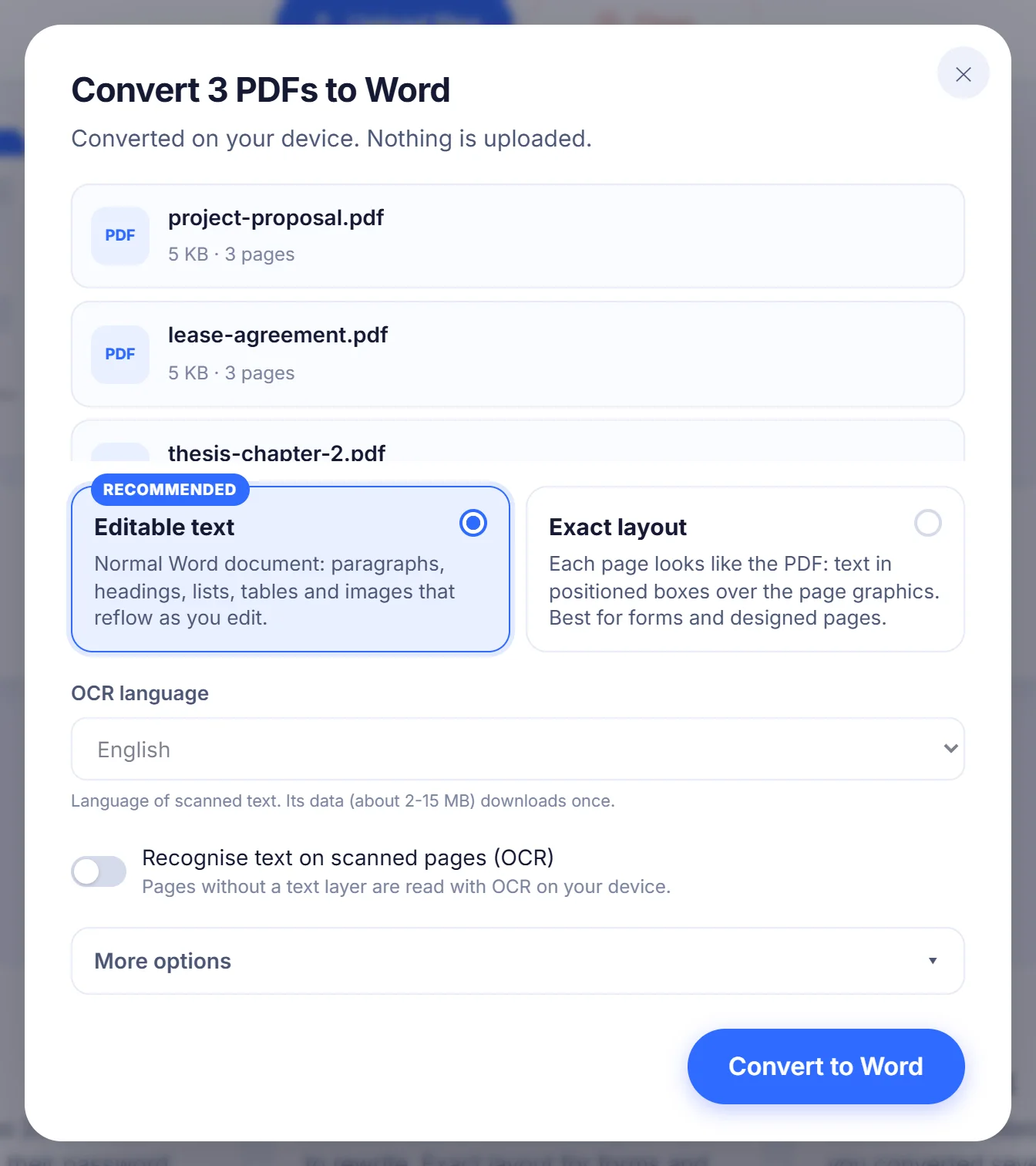 Finestra Convert 3 PDFs to Word con l'elenco dei file, Editable text contrassegnata come Recommended, Exact layout, lingua OCR English e un interruttore OCR