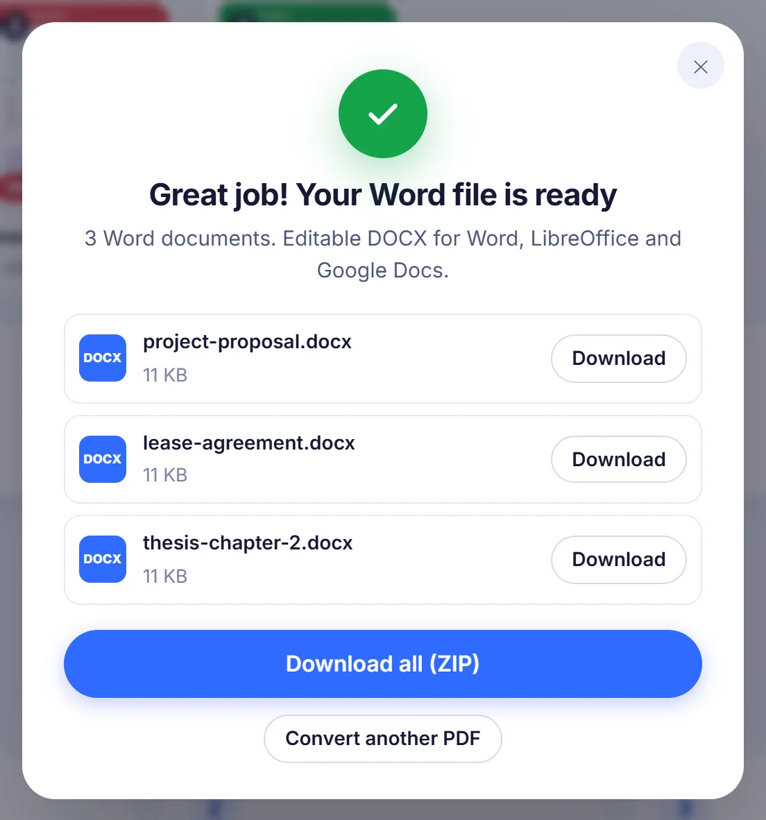 Finestra di conferma con il messaggio Great job! Your Word file is ready, con project-proposal.docx e altri due DOCX da 11 KB, ognuno con un pulsante Download